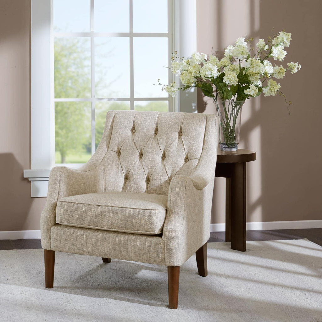 Madison Park Accent Chair for Living Room, Upholstered Button Tufted Back, Removable 5.75" T Seat Cushion, Solid Wood Legs, Modern Accent Armchair Family Room Furniture, Bedroom Chair, 29.25"W Beige