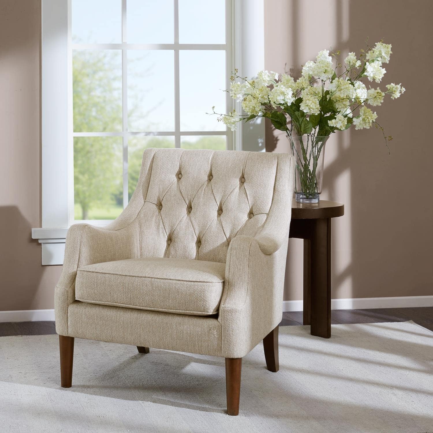 Madison Park Accent Chair for Living Room, Upholstered Button Tufted Back, Removable 5.75" T Seat Cushion, Solid Wood Legs, Modern Accent Armchair Family Room Furniture, Bedroom Chair, 29.25"W Beige