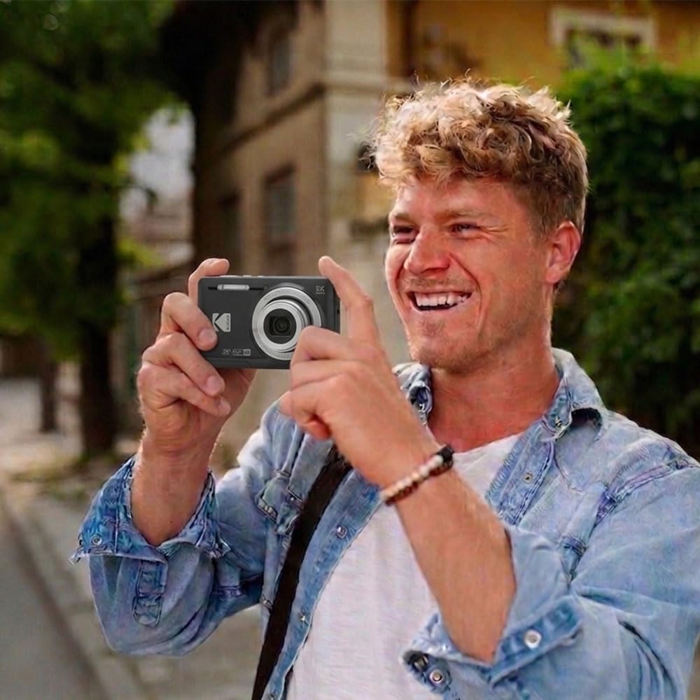 Kodak PIXPRO FZ55 Digital Camera, 16MP Compact Point & Shoot, 5X Optical Zoom, 28mm Wide Angle Lens, 1080P HD Video, Black + 64GB SD Card, Case, Selfie Stick, Mini Tripod & USB Card Reader