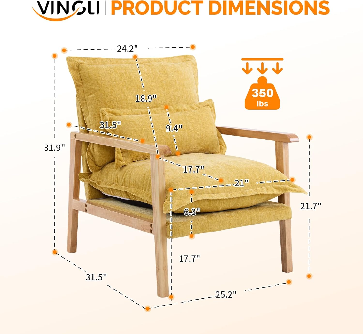 VINGLI Mid-Century Modern Cloud Accent Armchairs set of 2 with Lumbar Pillow, 6.3'' Thick Seat Cushion Reading Chairs with Wooden Armrests, Boho Lounge Chair for Bedroom, Living Room, Chenille, Yellow