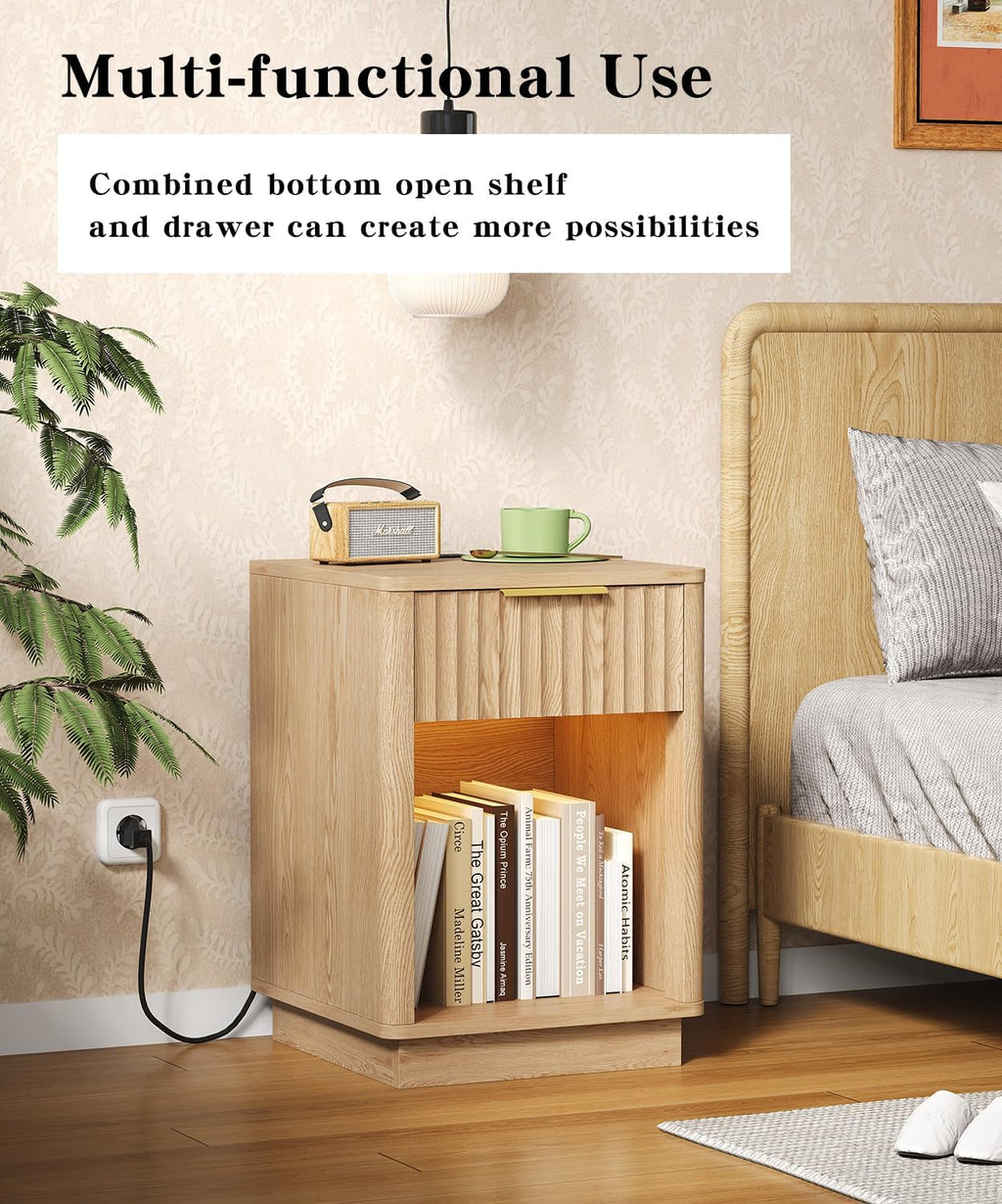 Akxomel Fluted Nightstands Set of 2, Wooden Night Stand with Charging Station and LED Light, Modern Mid Century Bed Side End Table with Drawer, 15" D x 15.7" W x 22.6" H, for Bedroom, Natural Oak