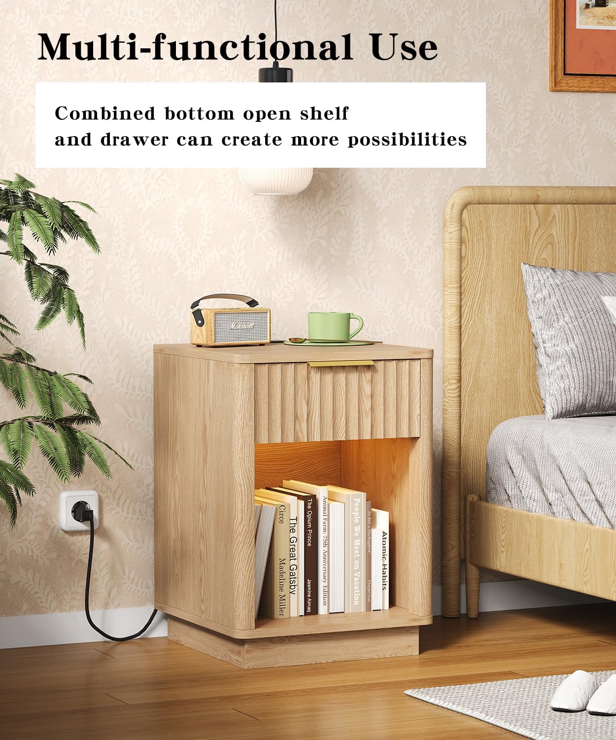 Akxomel Fluted Nightstands Set of 2, Wooden Night Stand with Charging Station and LED Light, Modern Mid Century Bed Side End Table with Drawer, 15" D x 15.7" W x 22.6" H, for Bedroom, Natural Oak