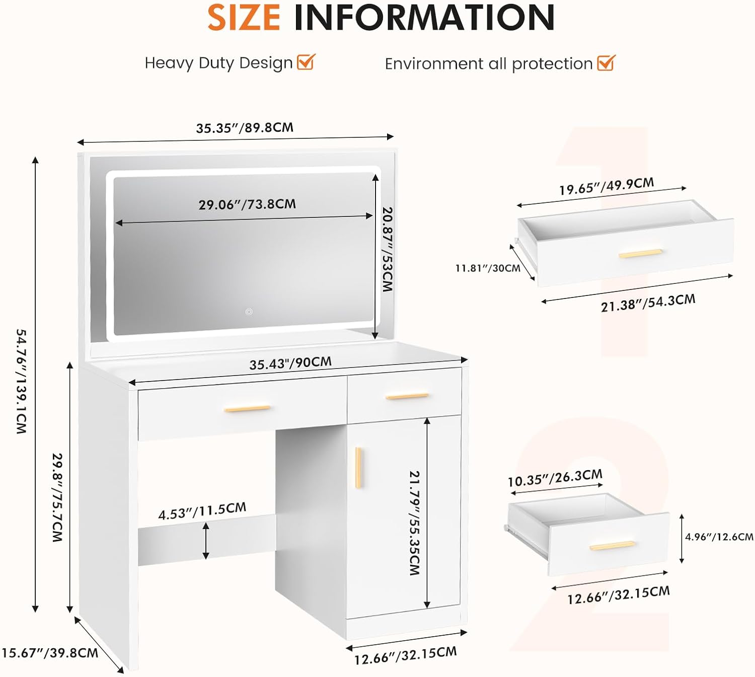 Sweetcrispy Vanity Desk with 35.4" LED Mirror and Lights, Makeup Vanity Table with Charging Station (2AC/USB/C), 2 Drawers & Large Cabinet, 3 Lighting Color Adjustable, Modern Dressing Table, White