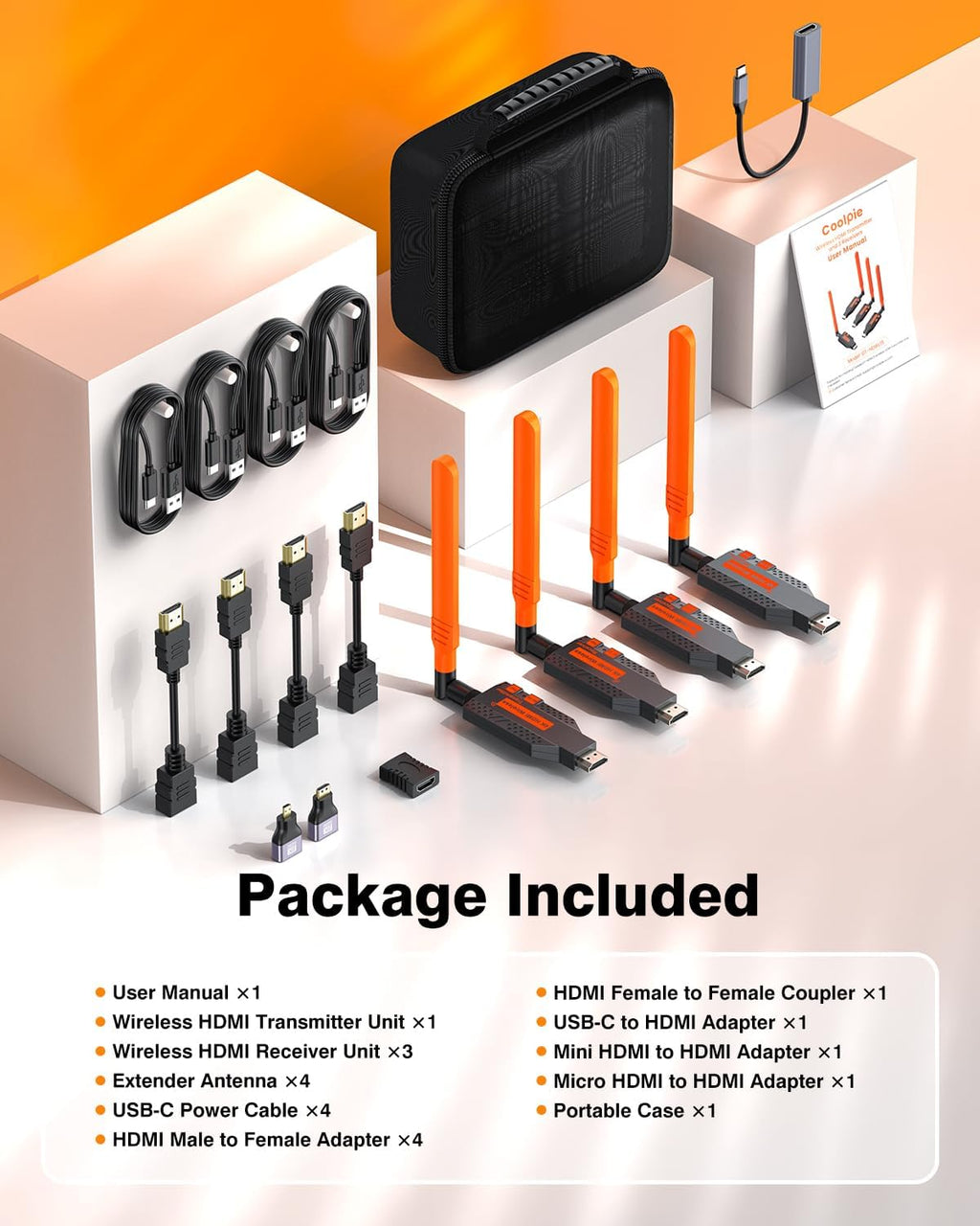 Coolpie Wireless HDMI Transmitter and 3 Receivers: 4K Decode 1080P Full HD Output, 350FT/100M Long Range, 5.8G Extender Plug & Play Low Lag for Streaming Video/Audio Multiple TV/Monitor/Projector
