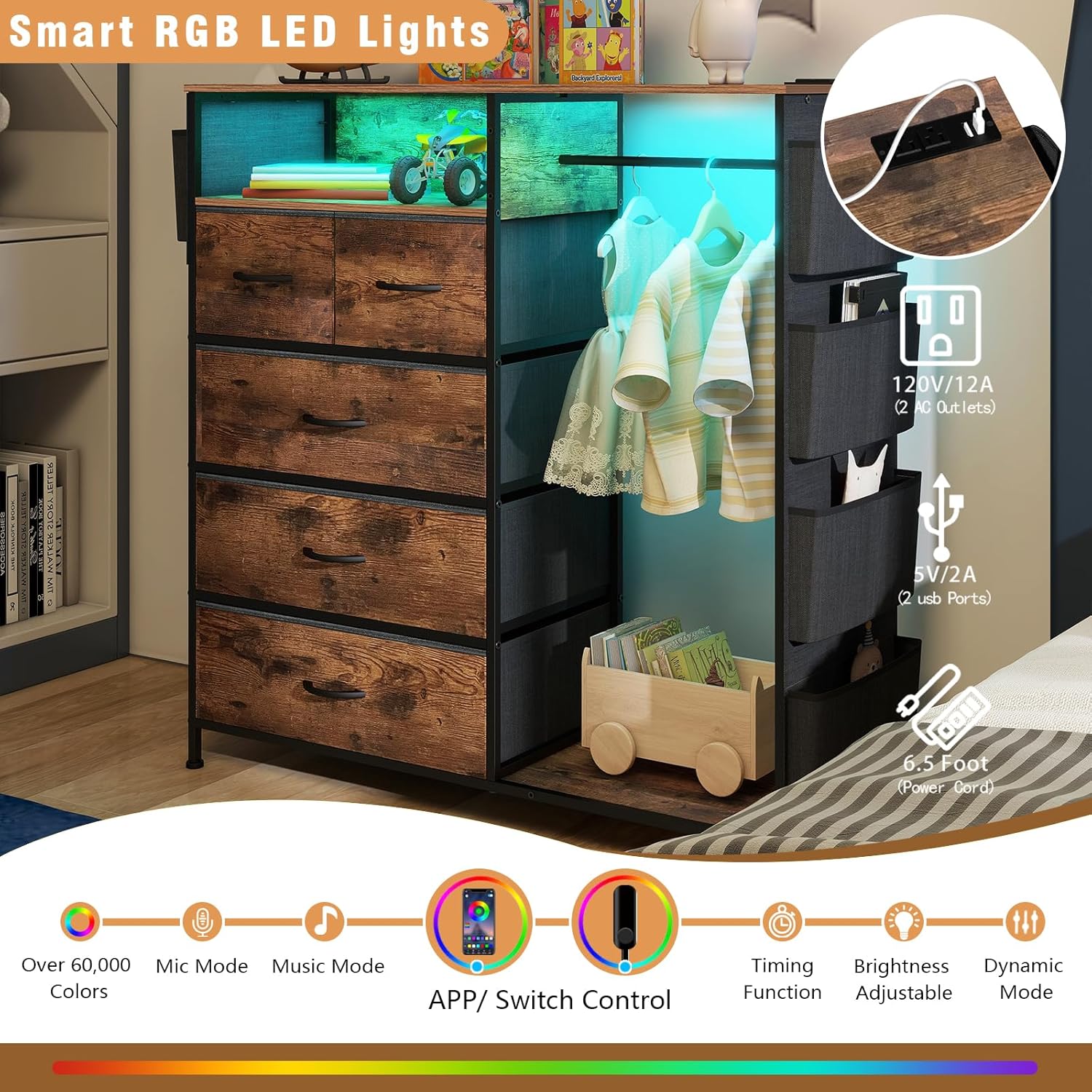 Espelism Dresser for Bedroom with Clothes Rack Side Pockets 5 Drawer Dresser with Charging Station LED Lights Black Storage Chest of Drawers for Hallway Closet Sturdy Steel Frame Wood Top (Brown)