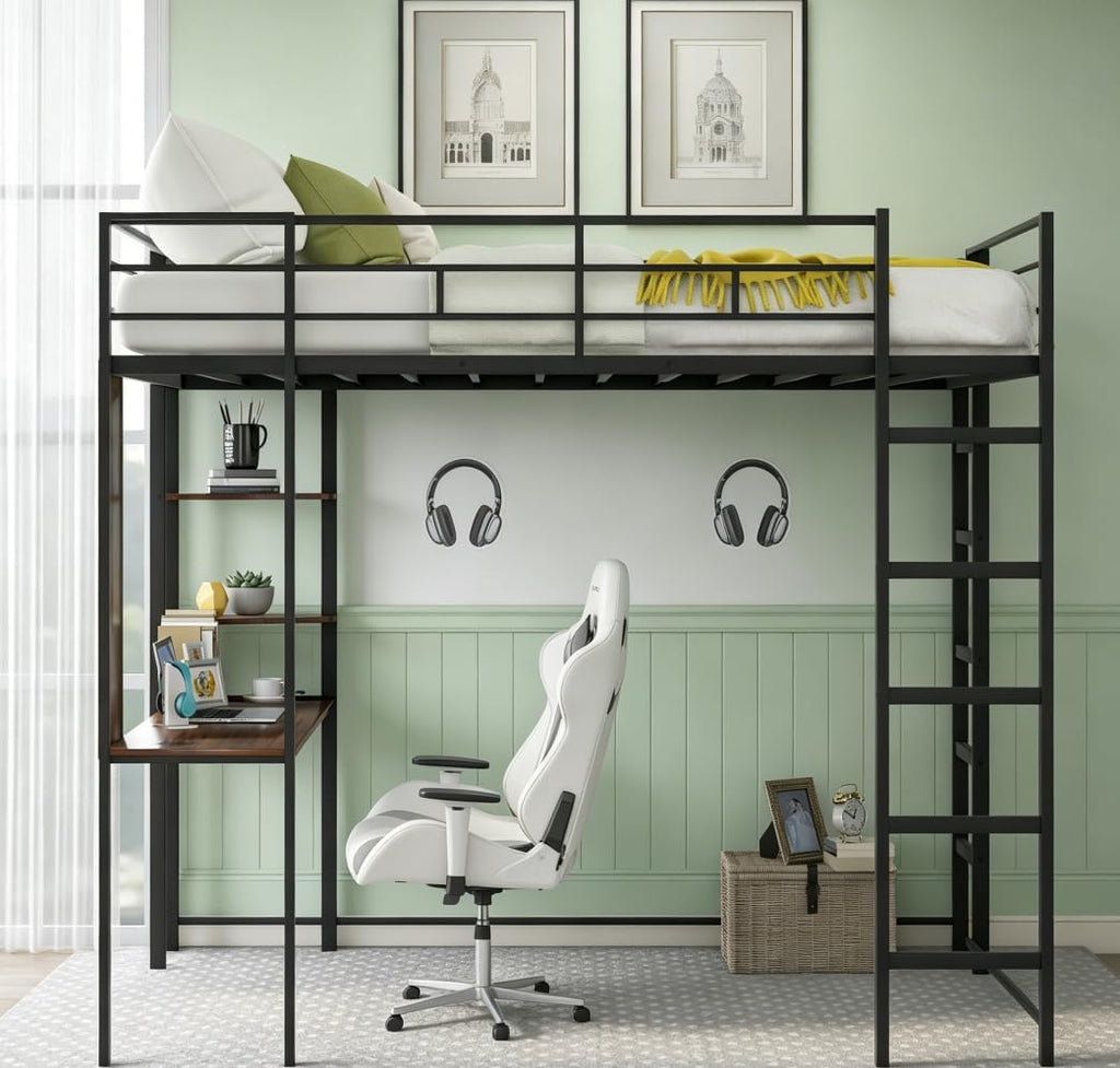 Bellemave Full Size Loft Bed with Desk and Storage Shelf and Ladder, Metal Full Size Loft BedFrame,Black