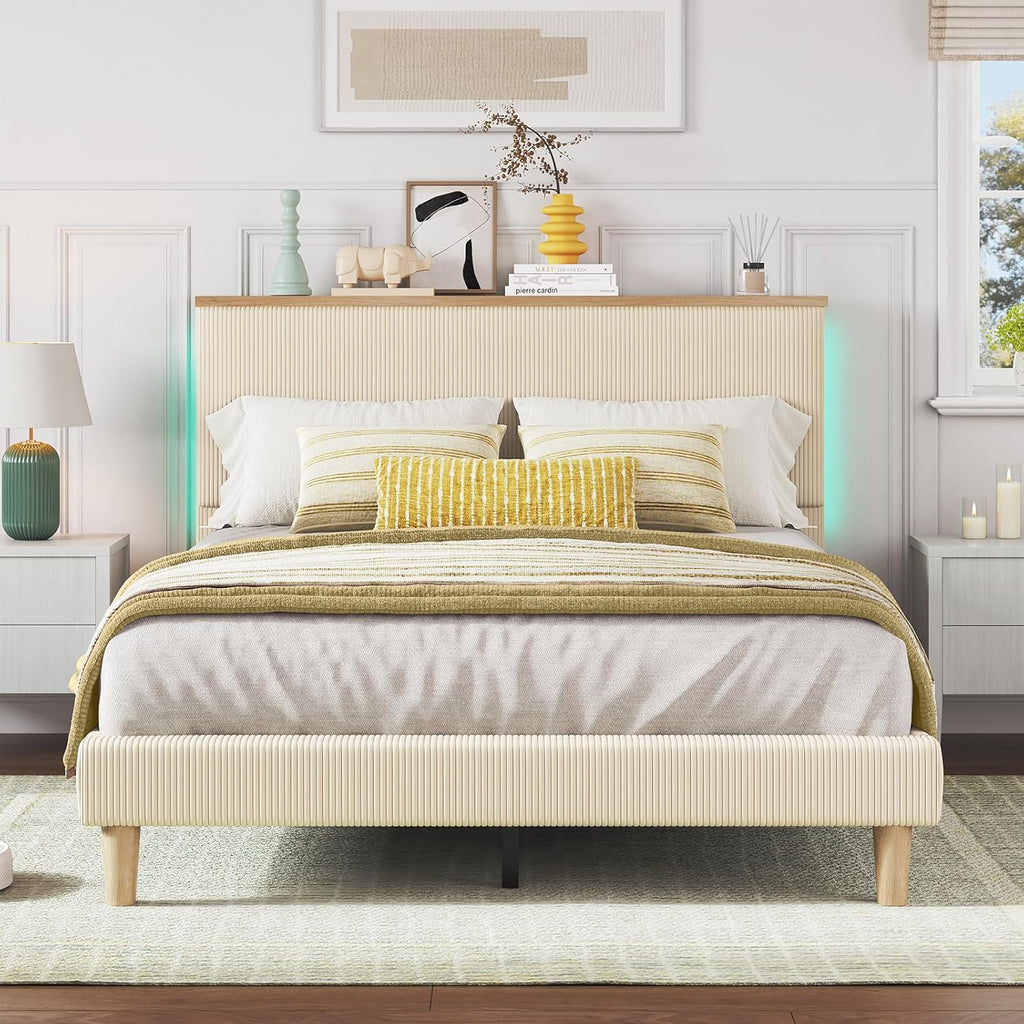 Bestier Queen Bed Frame with Adjustable Headboard & LEDLighting, Corduroy Upholstered Platform Bed Frame withStorage Shelf, Solid Wood Slats, No Box Spring Needed,Never Squeak, Easy Assembly, Beige