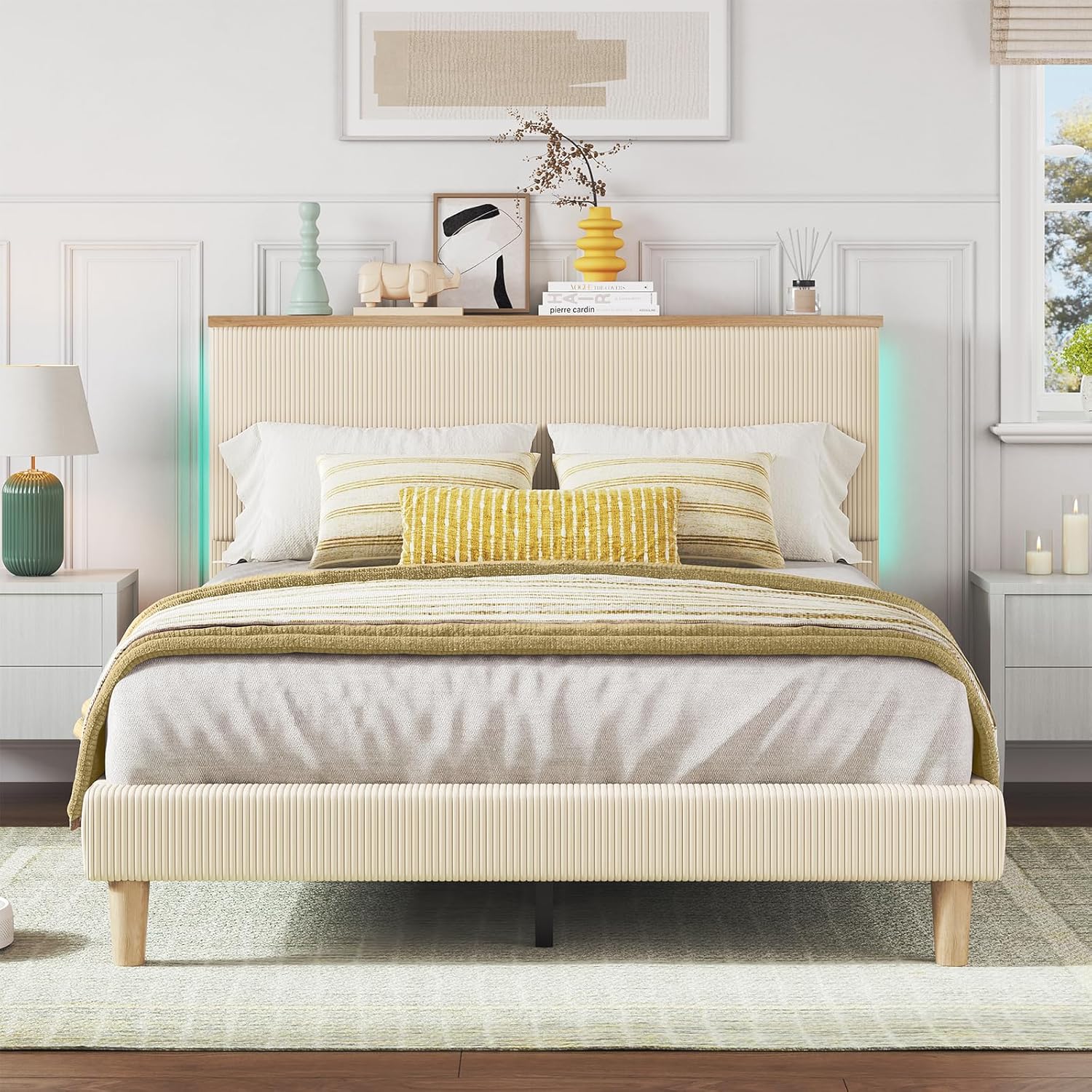 Bestier Queen Bed Frame with Adjustable Headboard & LEDLighting, Corduroy Upholstered Platform Bed Frame withStorage Shelf, Solid Wood Slats, No Box Spring Needed,Never Squeak, Easy Assembly, Beige