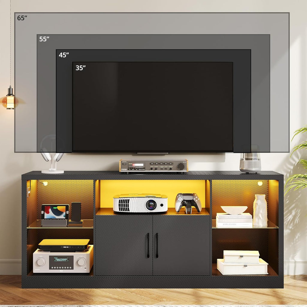 IRONCK TV Stand for TVs 65 inch with Power Outlet and LED Lights, Carbon Fiber Entertainment Center with Storage Cabinets, Adjustable Glass Shelves, Modern TV Stands for Living Room, Black