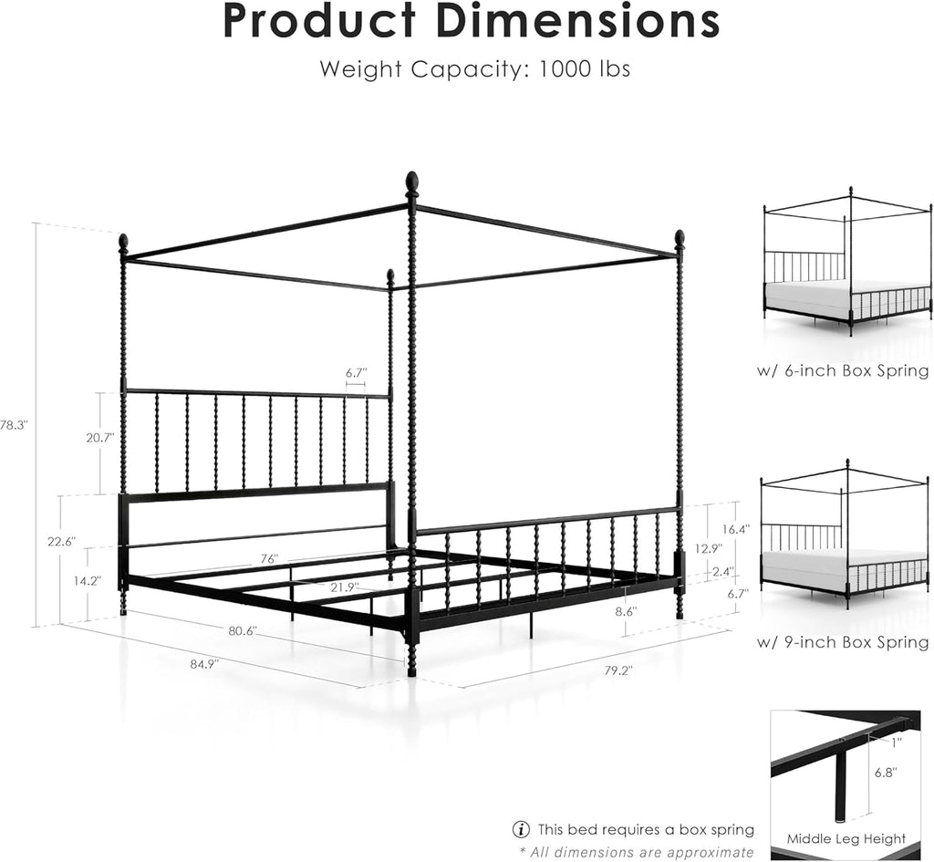 Furniture of America Vaeli Modern Metal King Size Four Poster Bed Frame with Spindles, Canopy Bedframe for Bedroom, Guest Room, Box Spring Required, Black