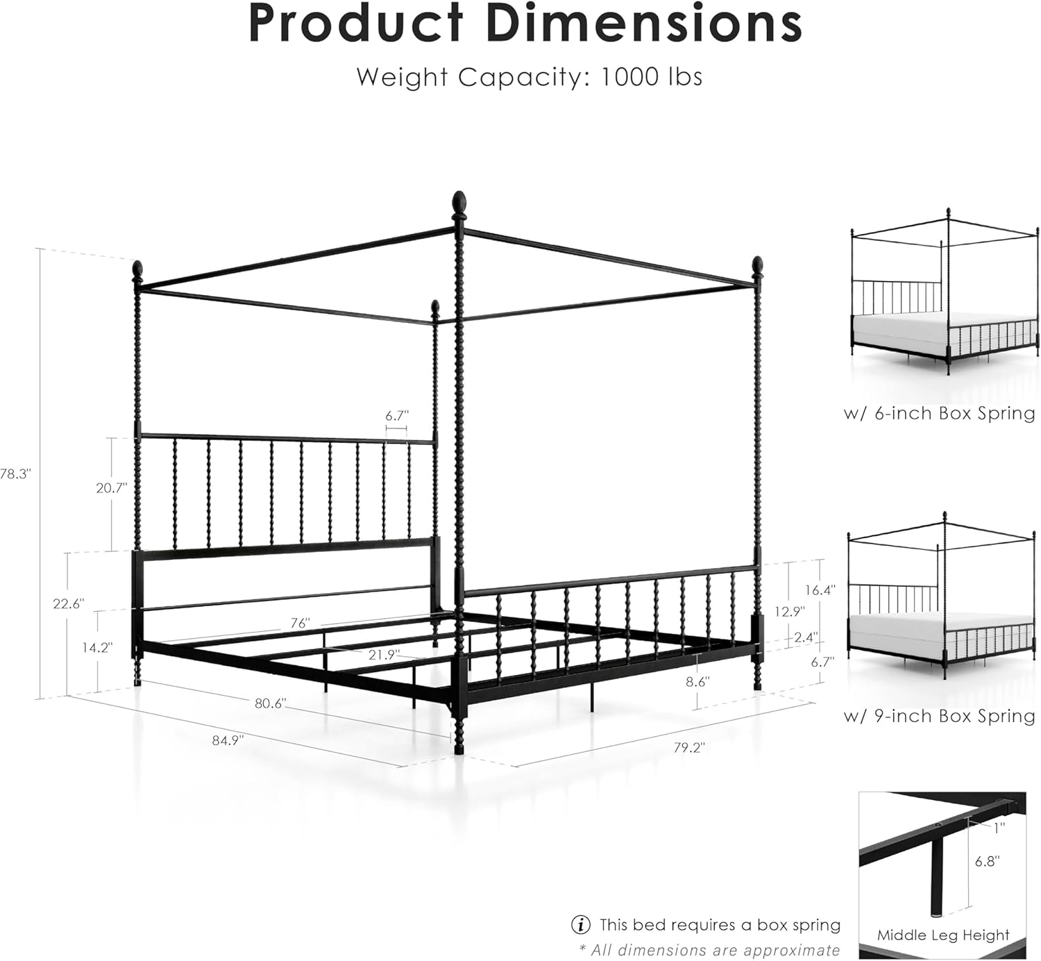 Furniture of America Vaeli Modern Metal King Size Four Poster Bed Frame with Spindles, Canopy Bedframe for Bedroom, Guest Room, Box Spring Required, Black