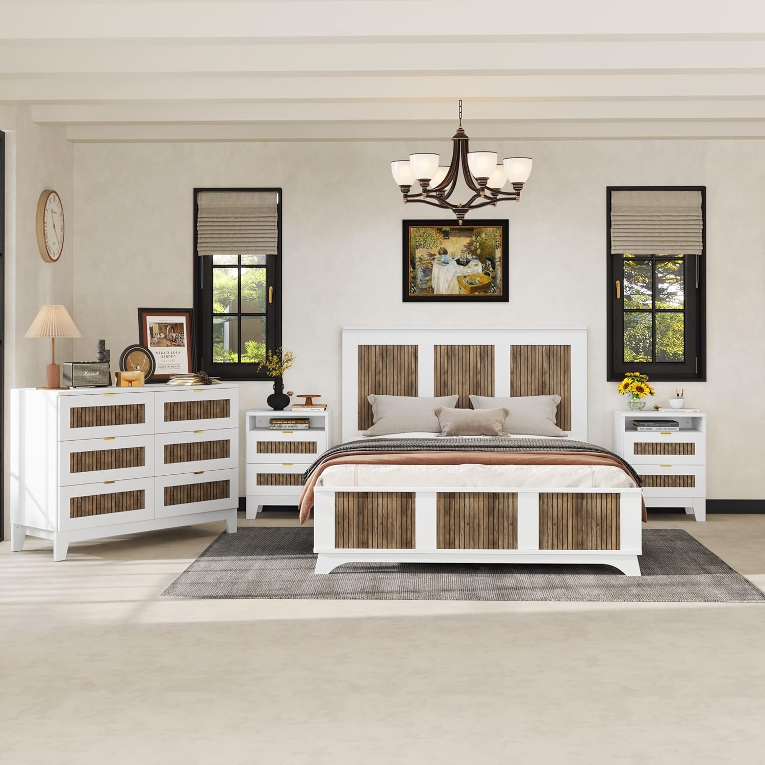 SOFTSEA 4 Piece Farmhouse Queen Size Bedroom Set with Storage, Solid Wood Platform Bed with Wooden Strip Decoration Headboard, 4 Piece Bedroom Furniture Set, White