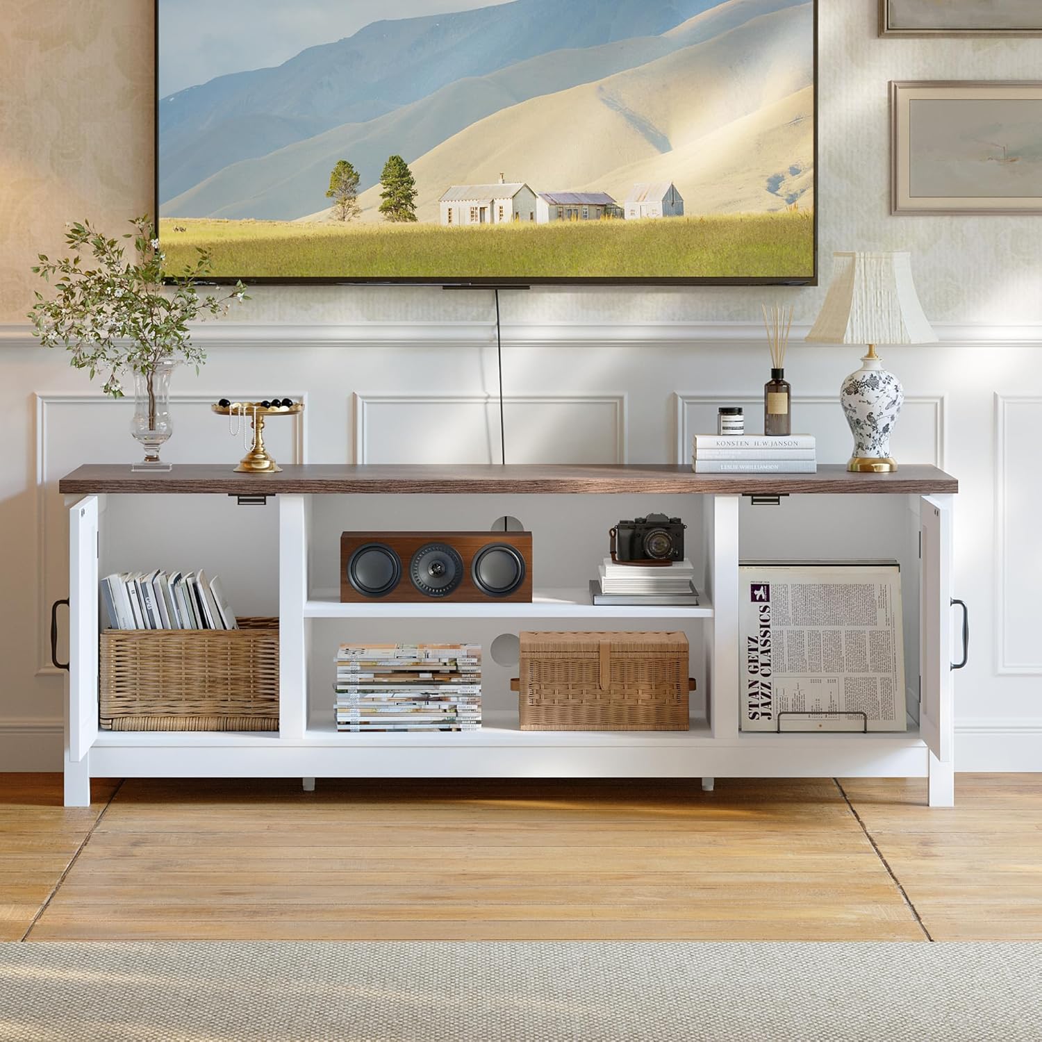 ChooChoo 54" Farmhouse TV Stand for TVs up to 65 inches, Entertainment Center with Storage Cabinets, Open Shelves and Fluted Door, TV Console Table for Living Room, Bedroom, White