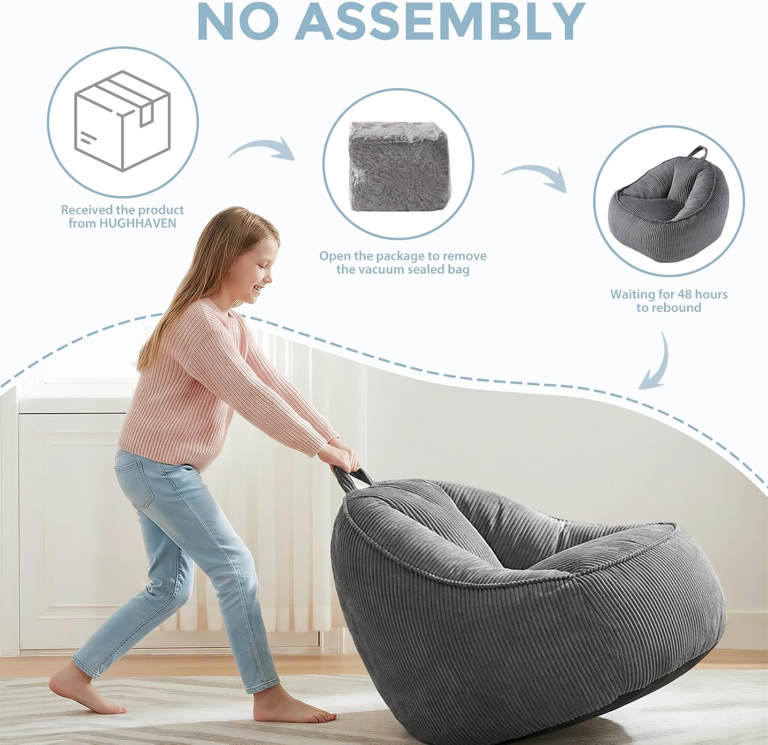 HUGHEAVEN Large Bean Bag Chairs for Kids,Bean Bag Chairs for Kids 8-12,Comfy Bean Bag Sofa with Back Support,Big Bean Bag Couch & Chair for Bedroom, Floor Sofa for Relaxing and Reading,Grey