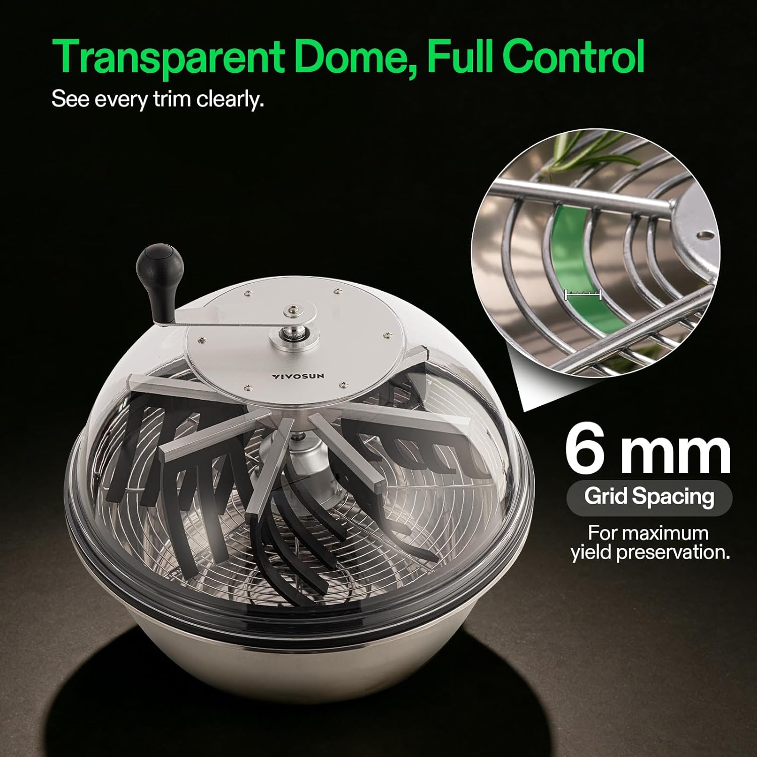 VIVOSUN 19 inch Bud Leaf Bowl Trimmer with Clear Visibility Dome, Sharp Stainless Steel Blades for Spin Cut, Solid Metal Gear Box, and Hand Pruner (Upgraded Version)