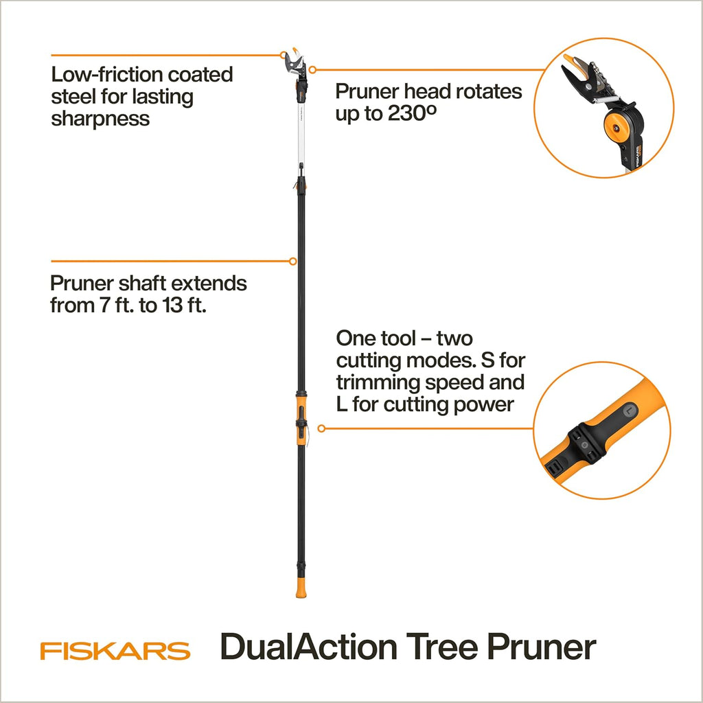 Fiskars 7–13 ft Extendable Tree Pruner, Telescoping Pole Pruner with 2 Cutting Modes for Fast & Powerful Cuts, Long Reach Tree Trimmer for High Branches & Tall Trees, Rotating Head, Garden & Yard Care
