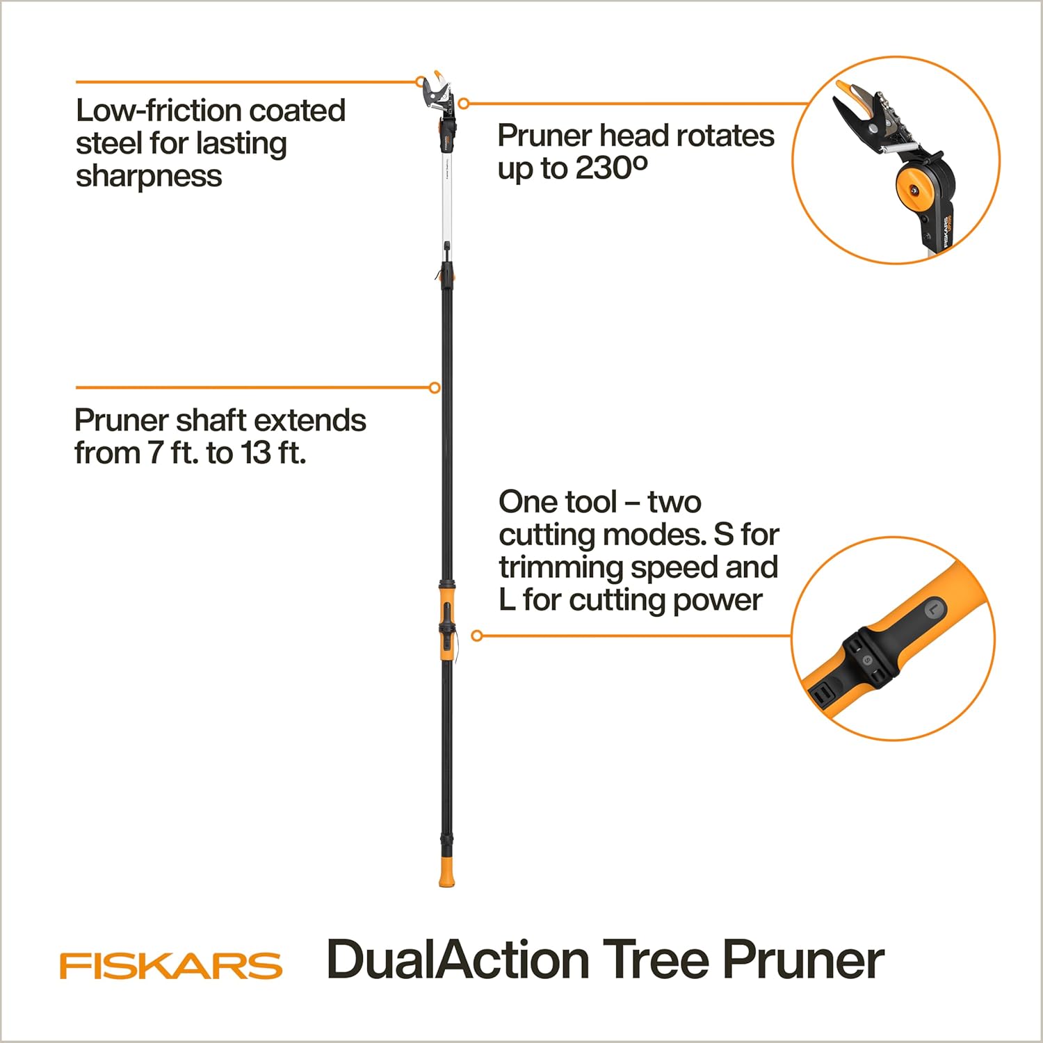 Fiskars 7–13 ft Extendable Tree Pruner, Telescoping Pole Pruner with 2 Cutting Modes for Fast & Powerful Cuts, Long Reach Tree Trimmer for High Branches & Tall Trees, Rotating Head, Garden & Yard Care