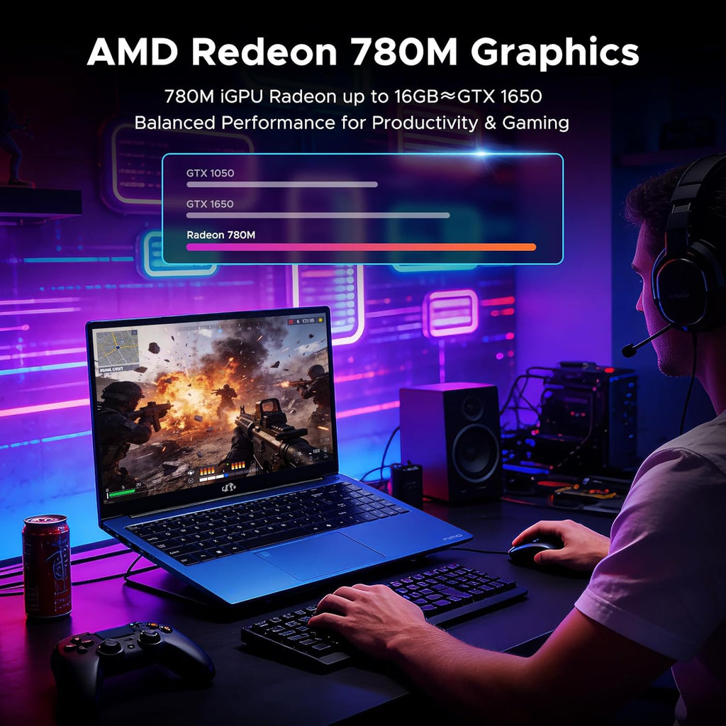 NIMO 17.3" IPS-Gaming-Laptop, AMD Ryzen 7 8745HS Up to 4.9GHz Beat R9 7940HS 16GB RAM 512GB SSD Radeon 780M-Graphics, WiFi 6E USB4 Backlit Keyboard Fingerprint, Win 11 PC for Work & Play 2-Yr Warranty