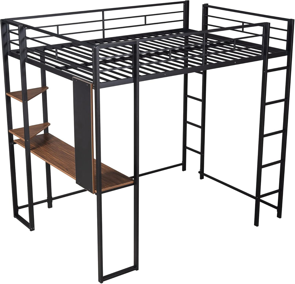 Bellemave Full Size Loft Bed with Desk and Storage Shelf and Ladder, Metal Full Size Loft BedFrame,Black