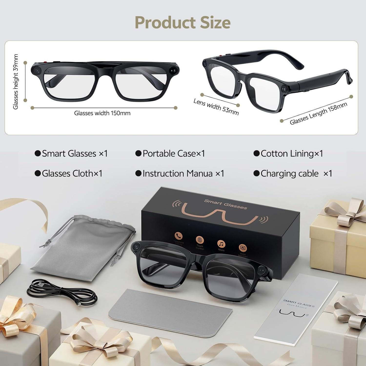 Smart Glasses with Camera and AI Voice Assistant for Men Women, 8MP Camera, 4K Video Recording, Real-Time Translation, Bluetooth 5.4 Audio Sunglasses for Calls, Music, Vlogging, Travel, Business