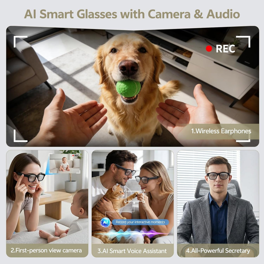 Smart Glasses with Camera and AI Voice Assistant for Men Women, 8MP Camera, 4K Video Recording, Real-Time Translation, Bluetooth 5.4 Audio Sunglasses for Calls, Music, Vlogging, Travel, Business