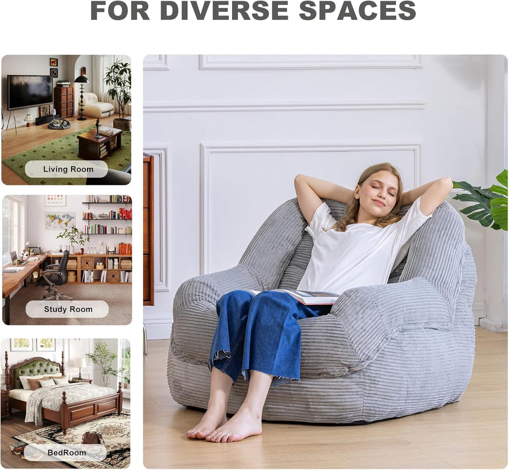 Giant Bean Bag Chair with Armrests - Oversized Cozy Seating for Adults, Corduroy Fabric & High-Resilience Foam Filling, Ideal Lounge for Living Room, Bedroom & Gaming Room (Grey)