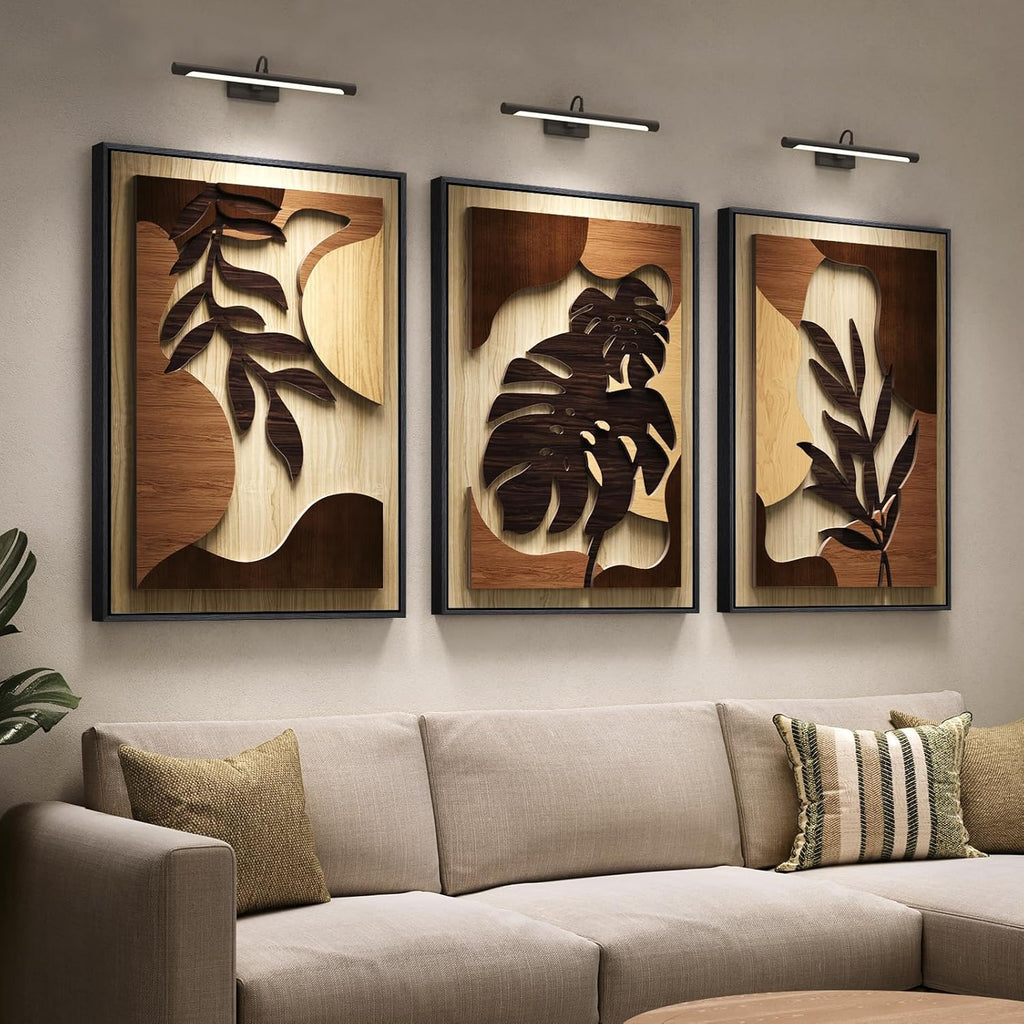 Framed Textured Wood 3D Wall Art for Living Room, Large Boho Tropical Brown Artwork for Walls, 3 Piece Farmhouse Botanical Leaf Wood 3D Textured Wall Art Decor for Office Bedroom Hallway, 24x36 Inch