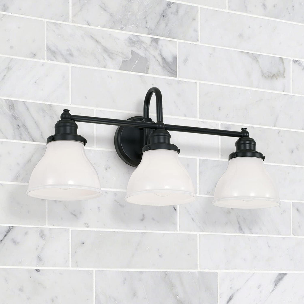 Capital Lighting 8303MB-128 Baxter Milk Glass Bath Vanity Wall Mount, 3-Light 300 Total Watts, 11" H x 24" W, Matte Black