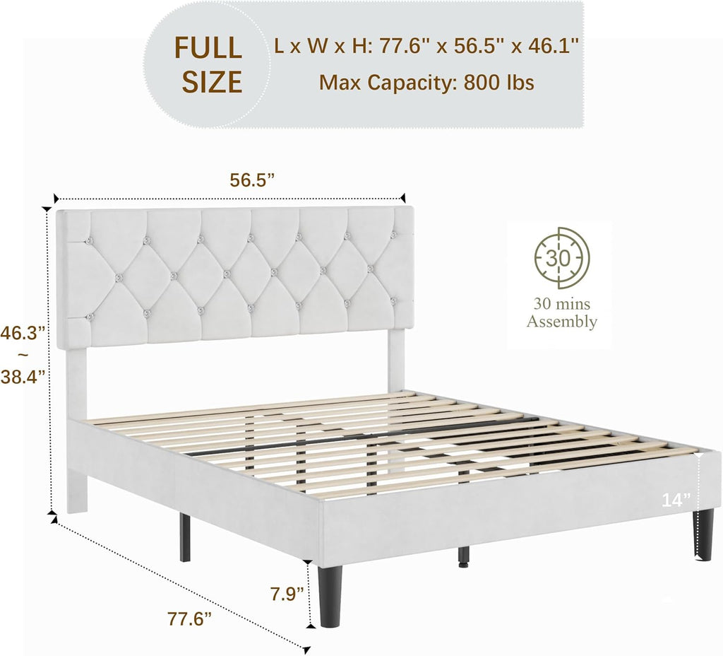 VECELO Full Size Bed Frame with Diamond Tufted Headboard, Upholstered Platform Bedframe with Wood Slat Support, No Box Spring Needed, Velvet & White