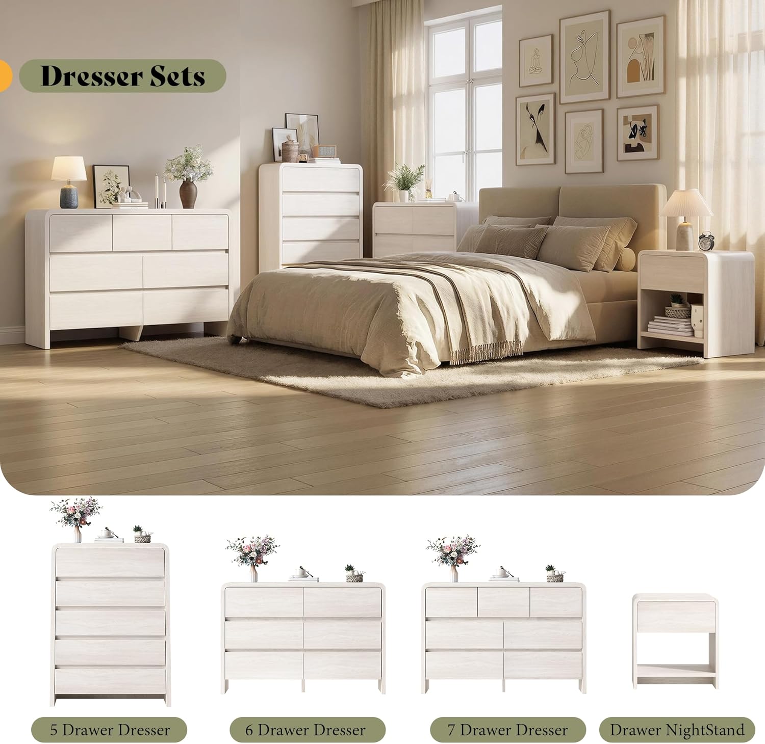 Modern 4-Piece Bedroom Furniture Set with 5-Drawer Dresser, 6-Drawer Dresser and 2 Nightstands, Large Storage Capacity, Rounded Corners, Flexible Combination Design, Anti-Tip Kit Included, White
