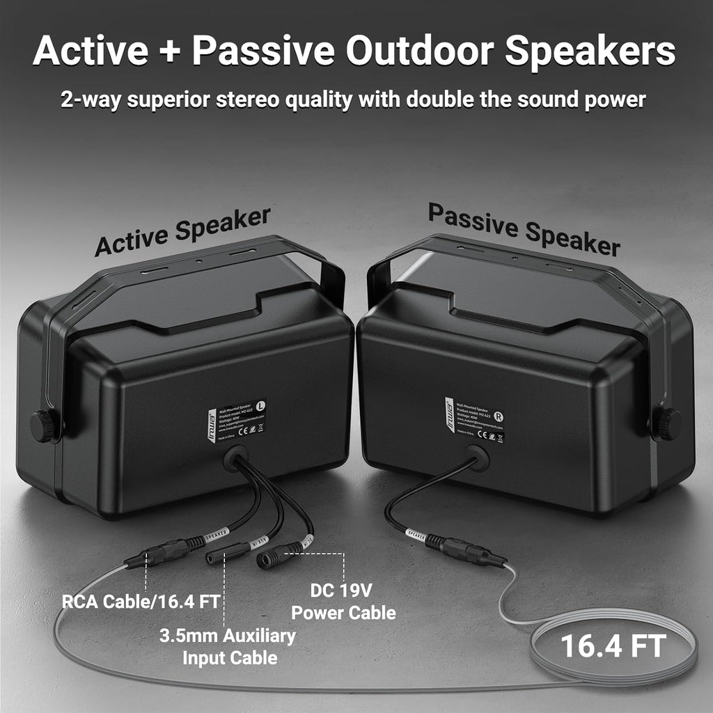 Inwa Upgraded 400W Outdoor Bluetooth Speakers Pair - Active Passive Wall Mount Stereo Speaker, Wireless Multi-Speaker Connection with Auracast, Sound System w/Aux for Porch, Patio, Garage, Home
