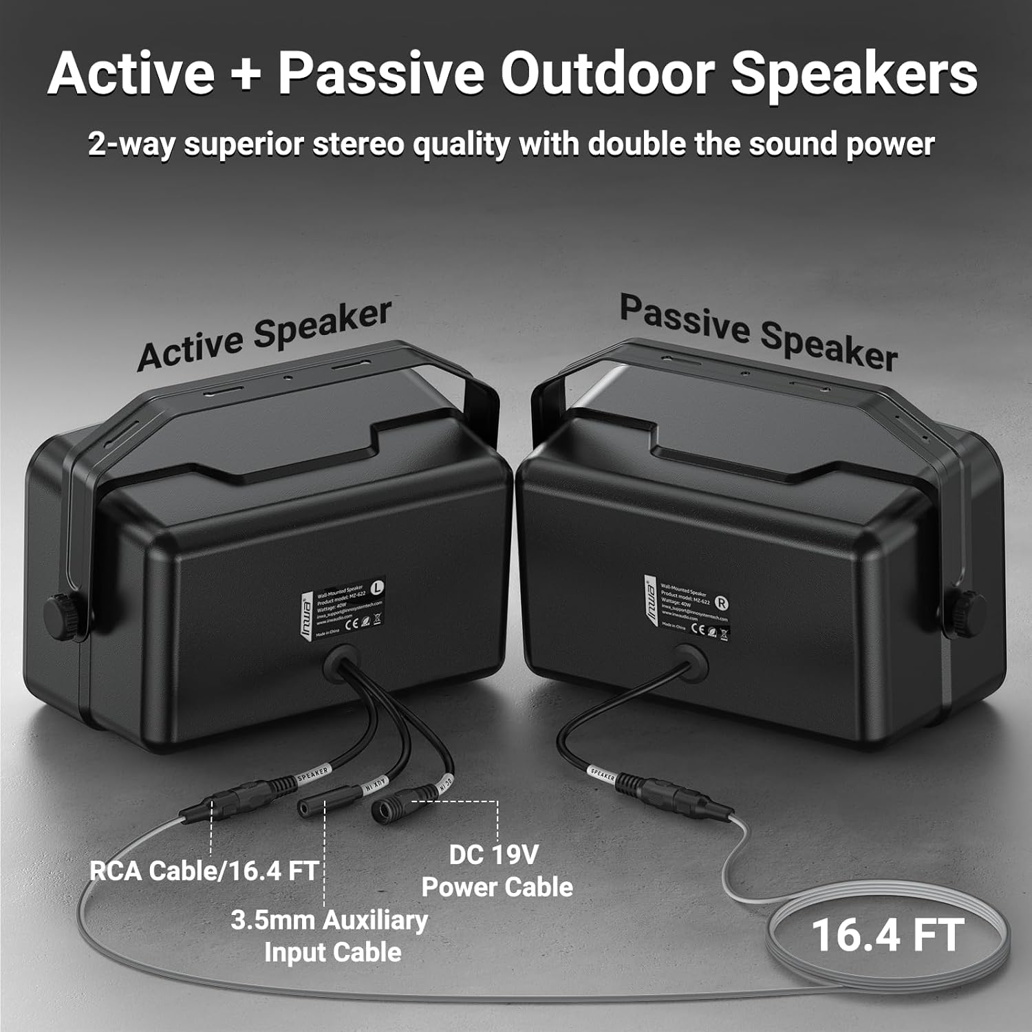 Inwa Upgraded 400W Outdoor Bluetooth Speakers Pair - Active Passive Wall Mount Stereo Speaker, Wireless Multi-Speaker Connection with Auracast, Sound System w/Aux for Porch, Patio, Garage, Home