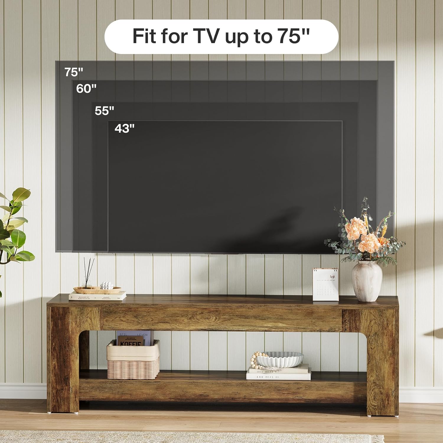 Tribesigns TV Stand for Living Room for 55/60/65/75-Inch TVs, Farmhouse Rustic TV Console with Storage Shelves, 63" Entertainment Center Television Stand for Bedroom, Brown