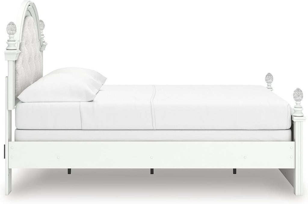 Signature Design by Ashley Maylilly Full Upholstered Panel Bedframe with LED Headboard Lights, Matte White Finish, Button‑Tufted Upholstery for Kids Bedroom