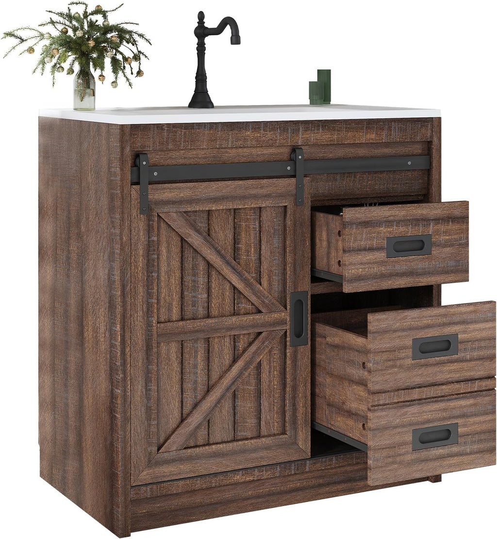 LUXOAK 30" Farmhouse Sliding Barn Door Bathroom Vanity with Sink Combo, Bathroom Vanity Cabinet with Drawers & Metal Handles, Freestanding, Reclaimed Barnwood