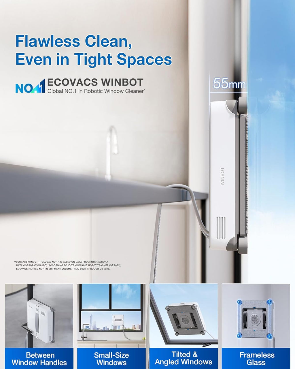 ECOVACS WINBOT MINI2 Window Cleaning Robot, Robot Window Cleaner with 5 Smart Cleaning Modes, Win-SLAM 4.0 Navigation, Automatic Glass Cleaner for Windows, Mirrors & Glass Doors