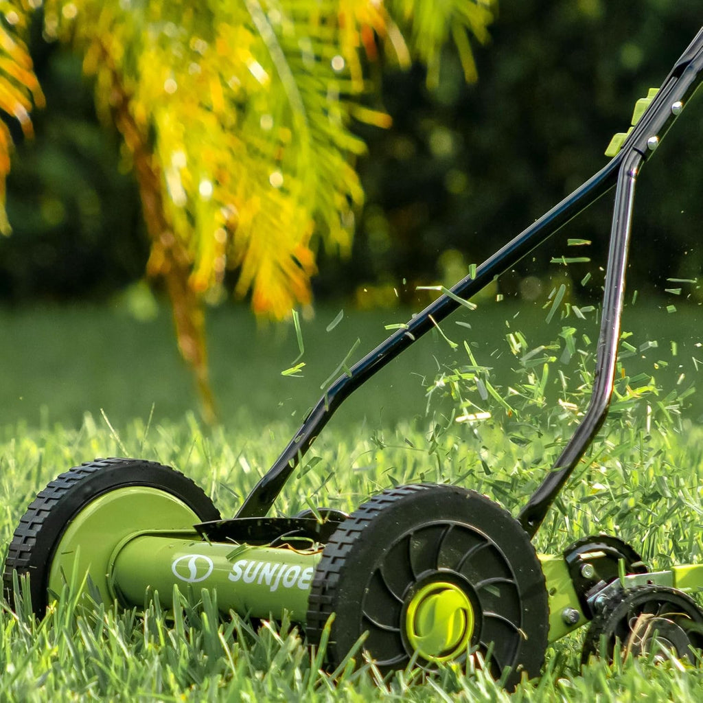 Sun Joe Manual Push Reel Lawn Mower with 9 Adjustable Positions, 14-Inch Cutting Width - Heavy-Duty Yard Trimming Machine for Gardening Care and Maintenance, MJ503M