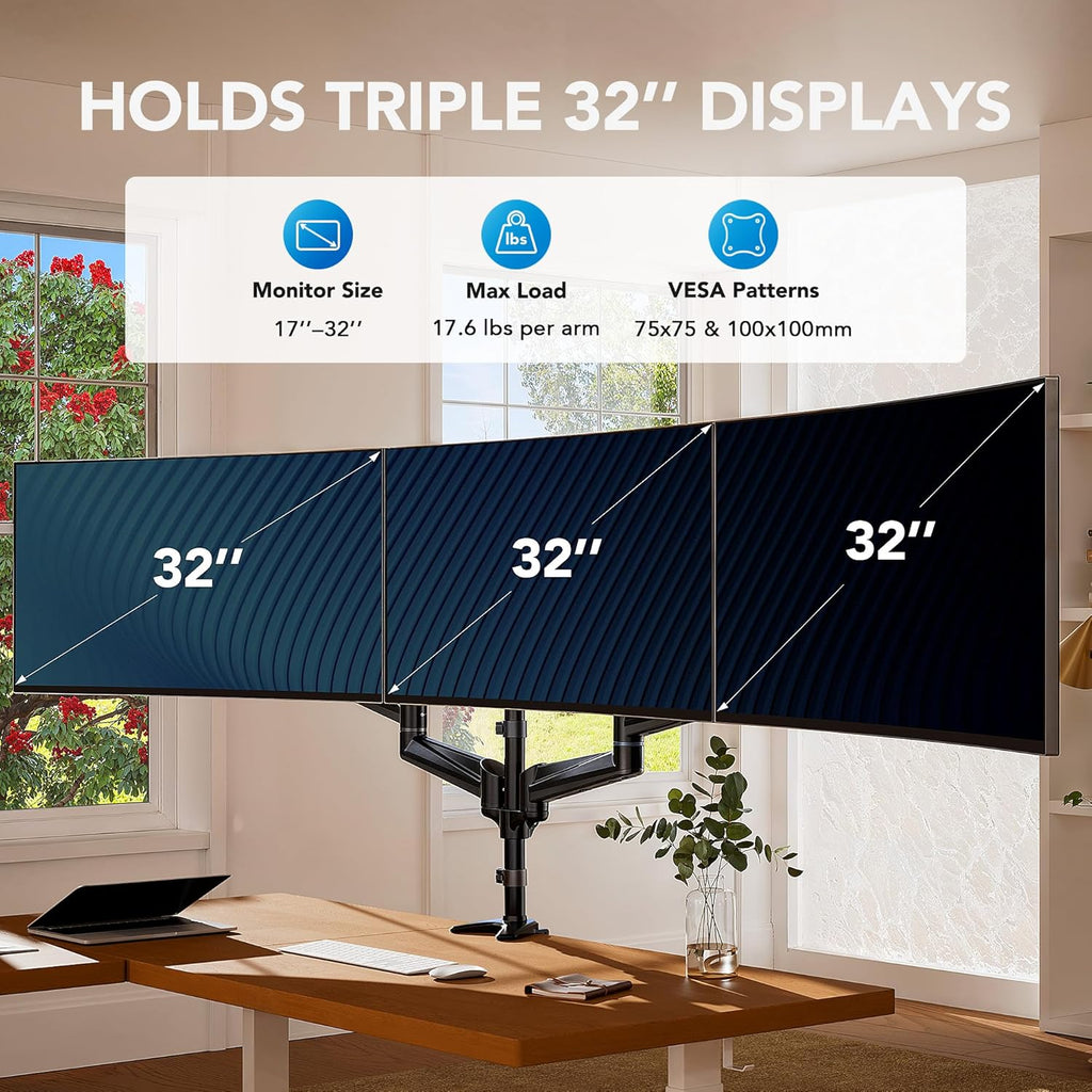 HUANUO Triple Monitor Mount for 17 to 32 inch Screens, Adjustment Gaming Triple Monitor Stand with Swivel, Tilt, Rotation, Clamp & Grommet Kit