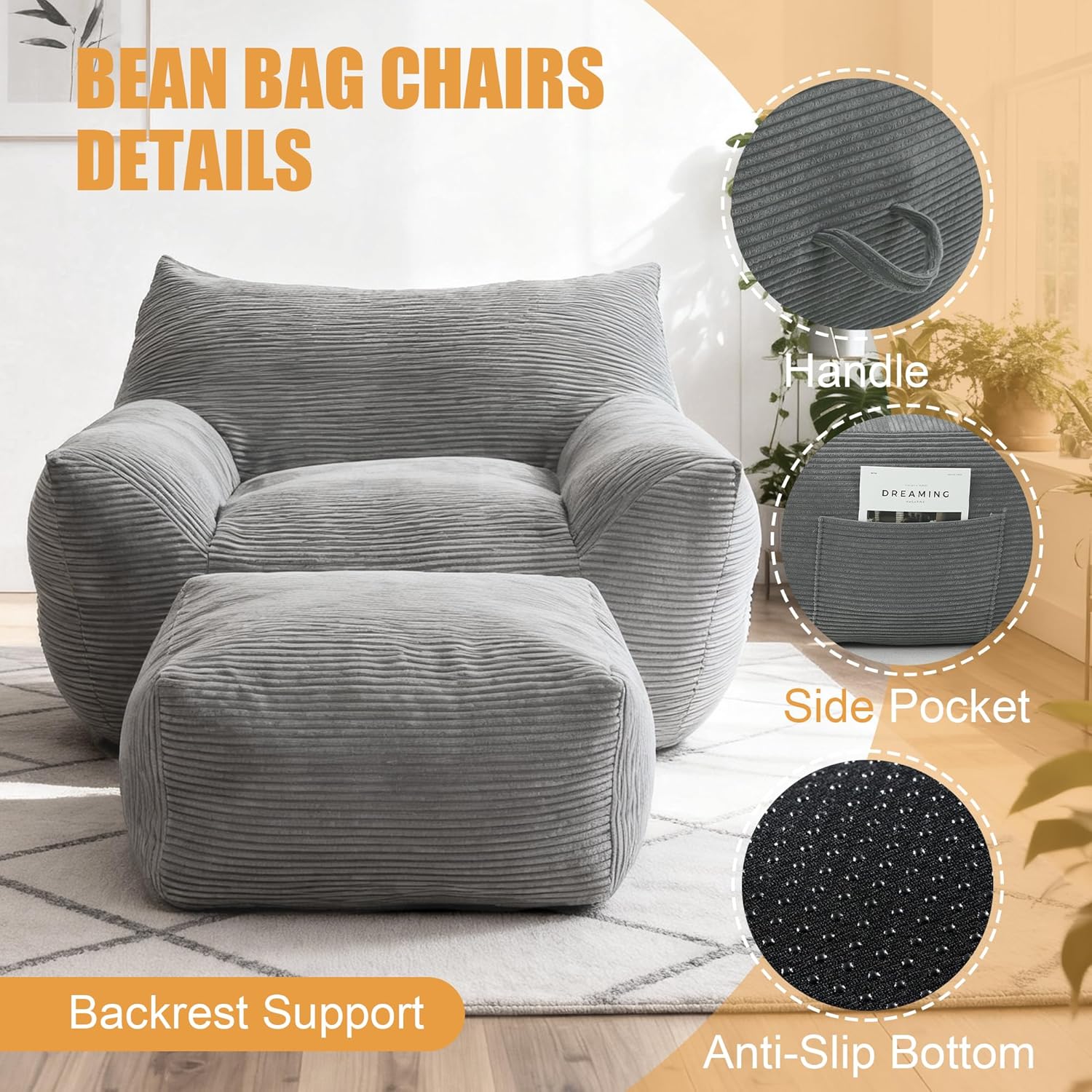 Oversized Bean Bag Chair with Ottoman, Bean Bag Couch with 2 Side Pockets, Corduroy Boneless Couch Chair in a Box, Comfy Lounge Chair for Living Room, Bedroom, Dorm, Gray