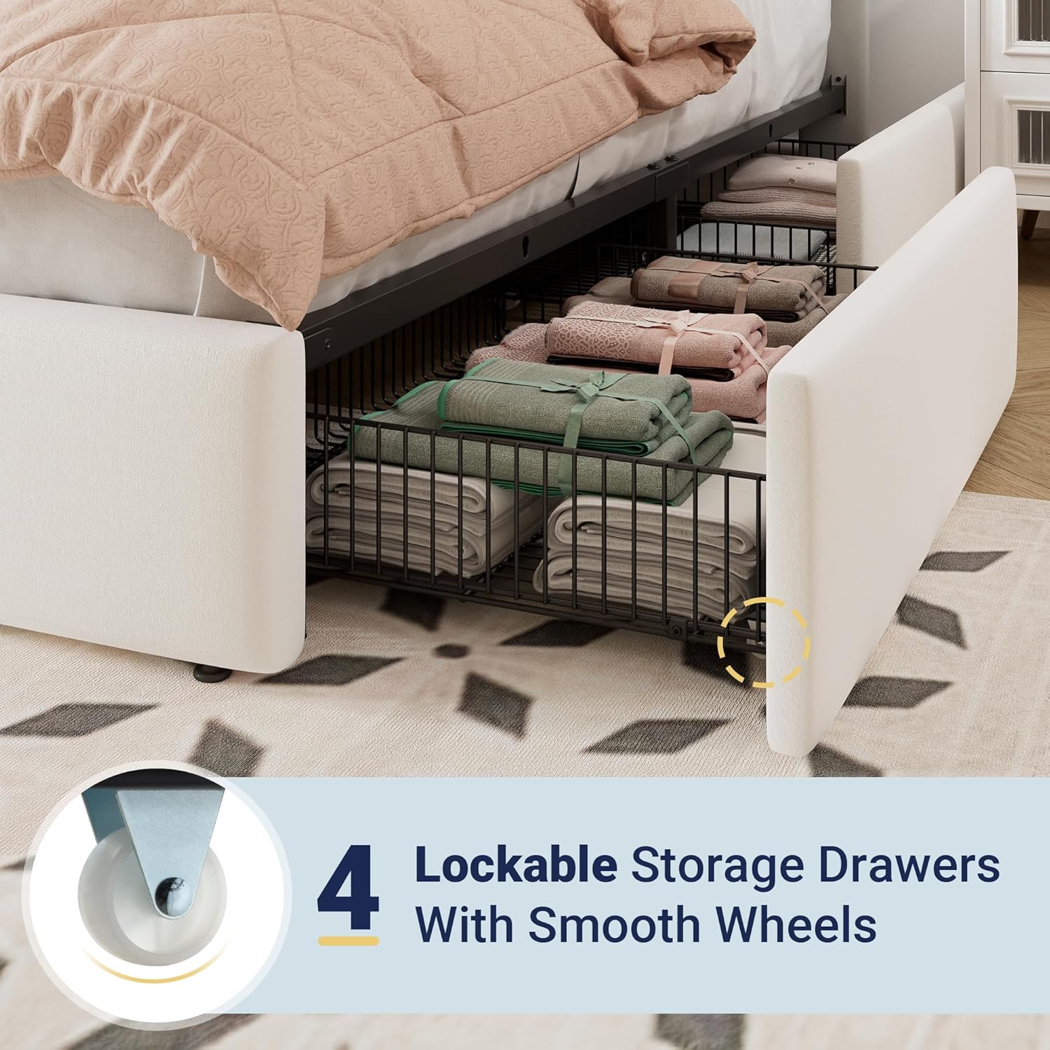 Allewie Full Size Storage Bed Frame, Vertical Channel Tufted Adjustable Headboard, Velvet Upholstered Platform Bed with 4 Oversized Underbed Drawers, Wooden Slats Support, No Box Spring Needed, White