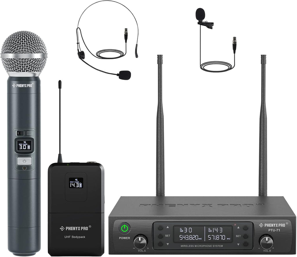 Phenyx Pro Wireless Microphone System, Dual Channel 100 UHF Metal Receiver, 328ft Range Auto Scan, Cordless Handheld & Bodypack & Lapel Mic Combo for Karaoke Church Speech PTU-71-1H1B
