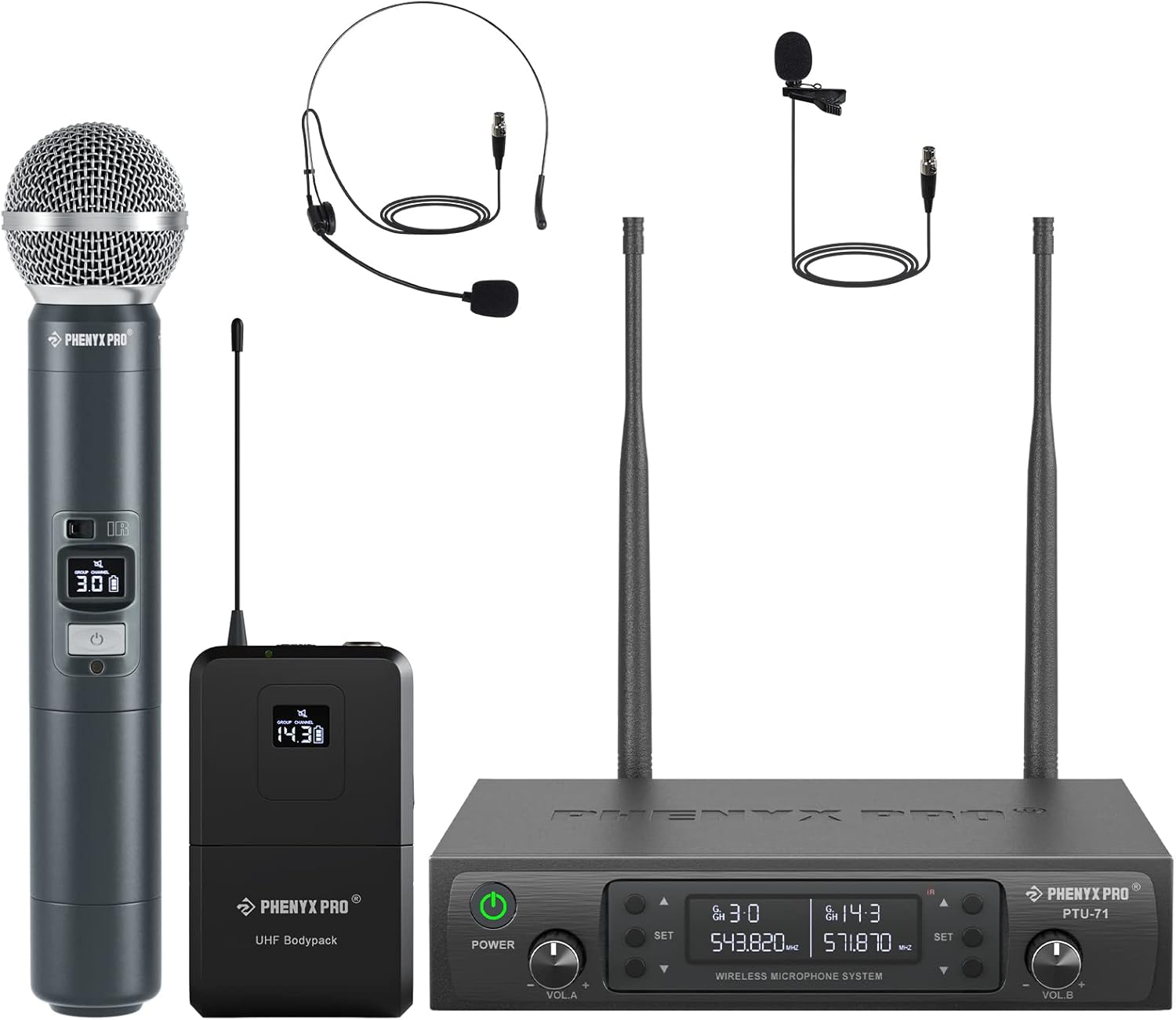 Phenyx Pro Wireless Microphone System, Dual Channel 100 UHF Metal Receiver, 328ft Range Auto Scan, Cordless Handheld & Bodypack & Lapel Mic Combo for Karaoke Church Speech PTU-71-1H1B
