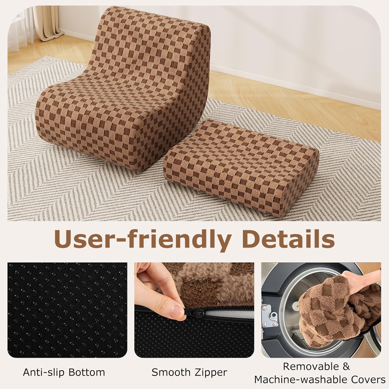 Giantex Bean Bag Chair with Ottoman, Comfy Lazy Sofa Chair with One-Piece Foam Filling, Washable Teddy Fleece Cover, Non-Slip Bottom, Floor Beanbag Sofa Bed with Footstool for for Living Room (Brown)