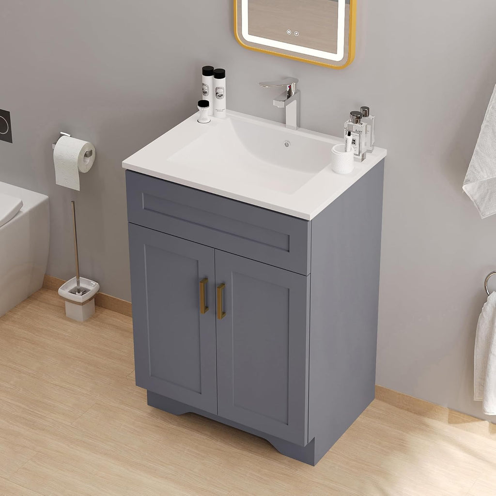 24 Inch Bathroom Vanity with Sink, Bathroom Storage Vanity Cabinet for Small Space, Bathroom Vanity with 2 Doors and 1 Drawer, Modern Freestanding Vanity Sink (Grey)