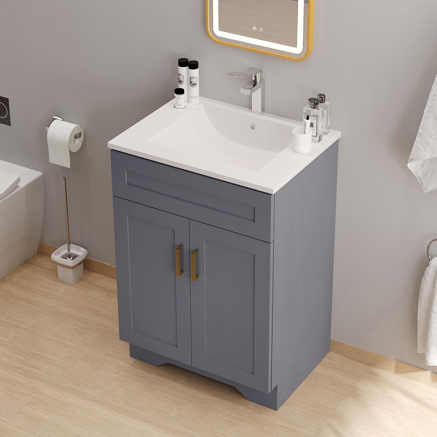 24 Inch Bathroom Vanity with Sink, Bathroom Storage Vanity Cabinet for Small Space, Bathroom Vanity with 2 Doors and 1 Drawer, Modern Freestanding Vanity Sink (Grey)