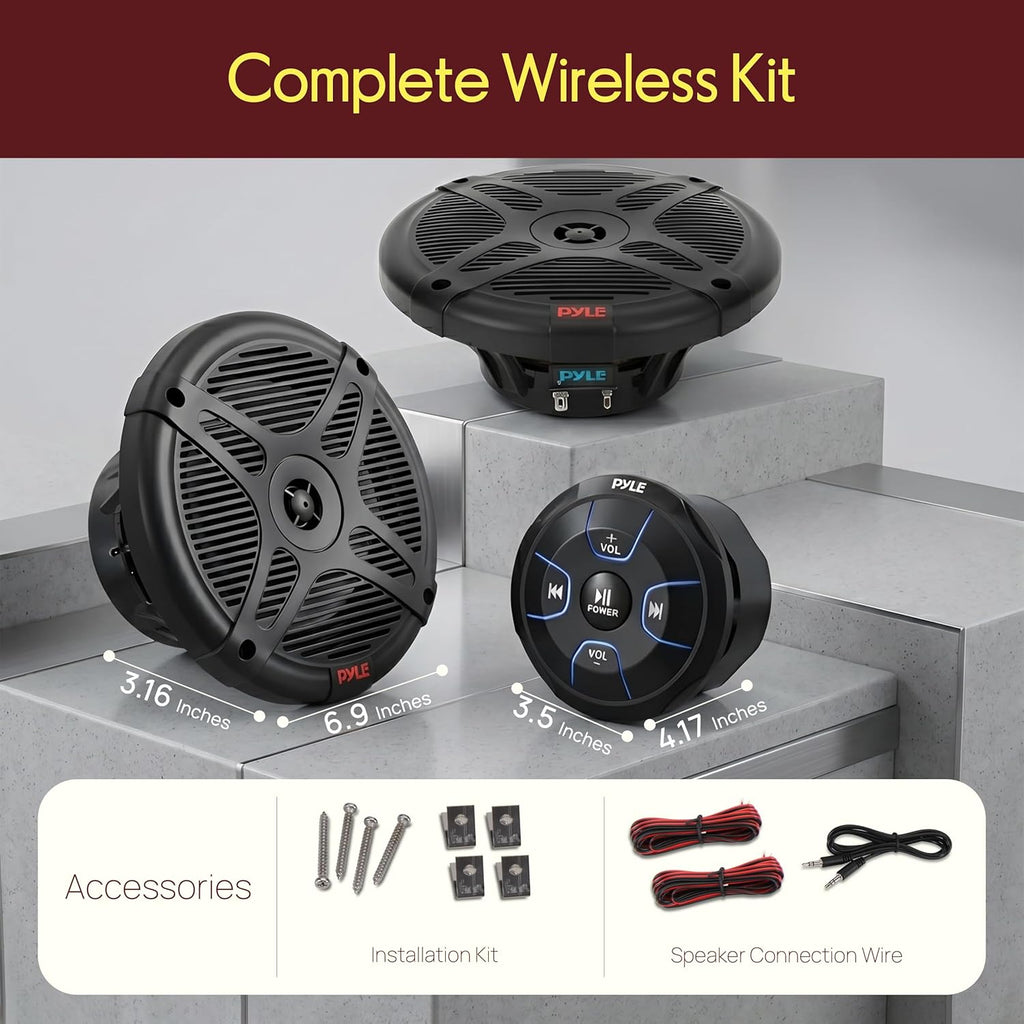 6.5'' Dual Marine Speakers Kit - Waterproof-Rated w/Amplified Bluetooth Remote Control Receiver for Powersport Vehicles, IP65 Marine Grade Rating, 600 Watt Max Power - Pyle PLMRKT8