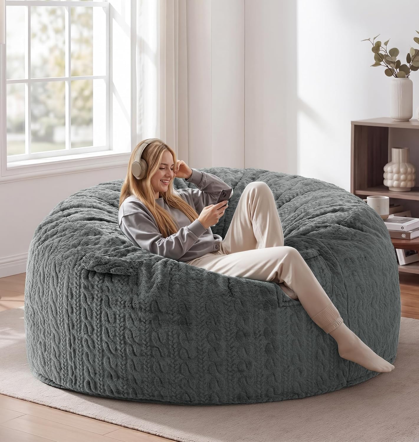 5FT Bean Bag Chair Giant Beanbag Chairs for Adults with Memory Foam Removable Cover Luxurious Braided Fabric, Adult Bean Bag Chairs for Living Room Bedroom Gaming Dorm Office（Grey,5FT-50"*50"*24"）