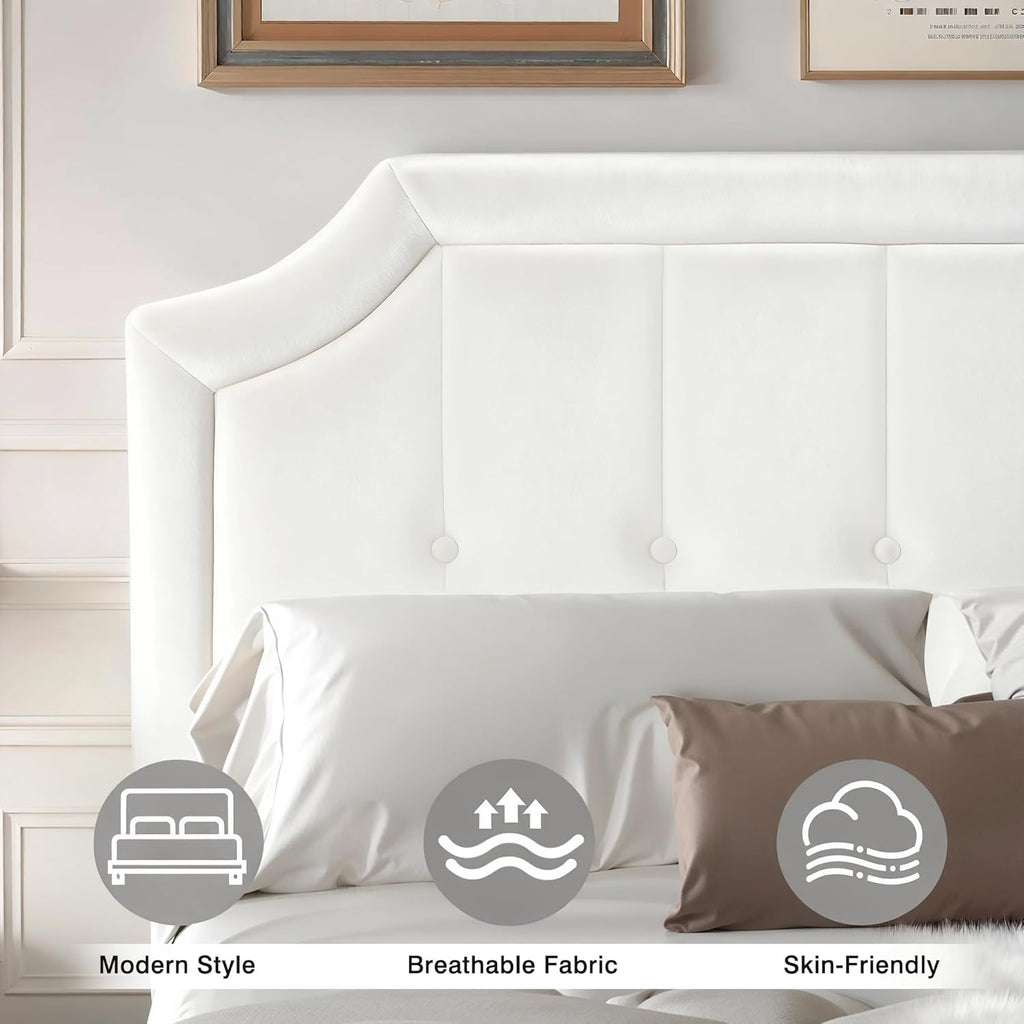 VECELO Queen Size Bed Frame with Velvet Upholstered Headboard, Platform Bedframe Mattress Foundation, Sturdy Wooden Slats Support,No Box Spring Needed Noise Free/Easy Assembly, Off White