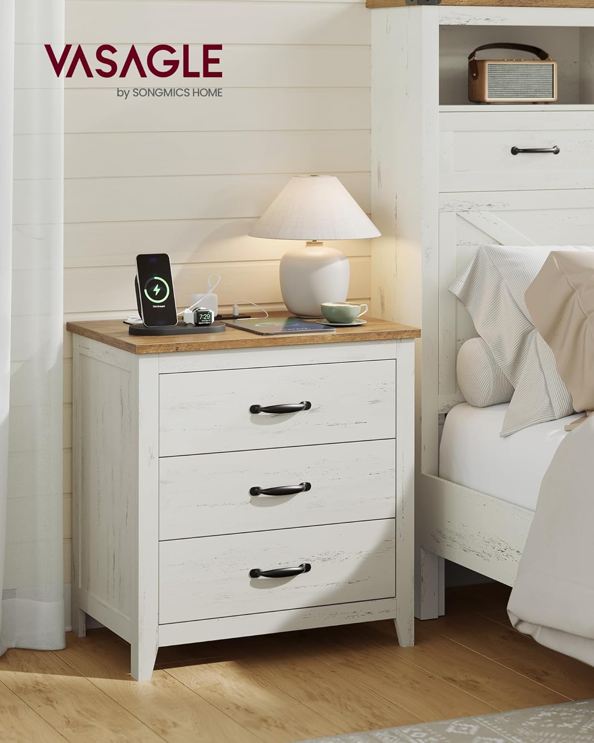 VASAGLE LIRY Collection - Farmhouse Nightstand with Charging Station, Set of 2, Bedside Tables, Side End Tables with 3 Drawers, for Bedroom, Rustic White and Honey Brown ULET979W01