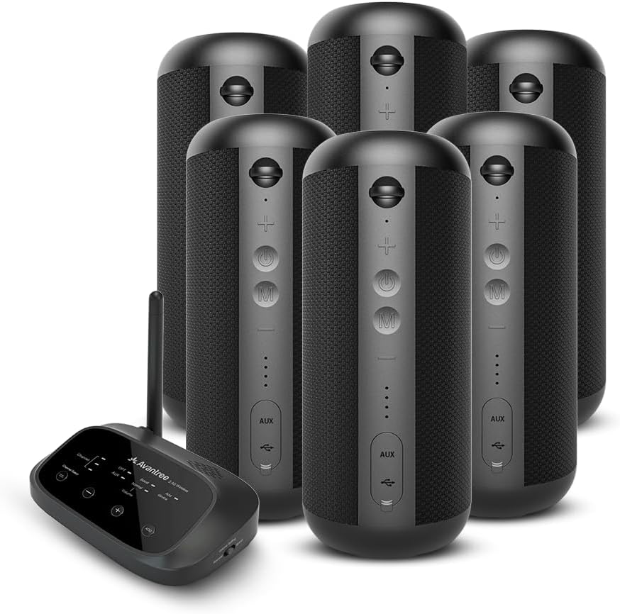 Avantree Harmony 2 - Wireless Stereo System for Multiple Rooms & Outdoor Party, 1 Transmitter & 6 Portable Bluetooth Speakers